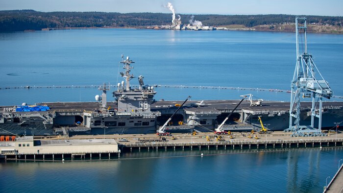 200219-N-HC646-0223 INDIAN ISLAND, Wash. (Feb. 19, 2020) The aircraft carrier USS Nimitz (CVN 68) visits Naval Magazine Indian Island where crews loaded munitions aboard the ship in preparation for future operations. Indian Island is the U.S. Navy’s only deep-water ammunition port on the West Coast, where the installation can provide conventional ordnance support to vessels ranging from destroyers to submarines and aircraft carriers. (U.S. Navy photo by Mass Communication Specialist 2nd Class Marc Cuenca/Released)