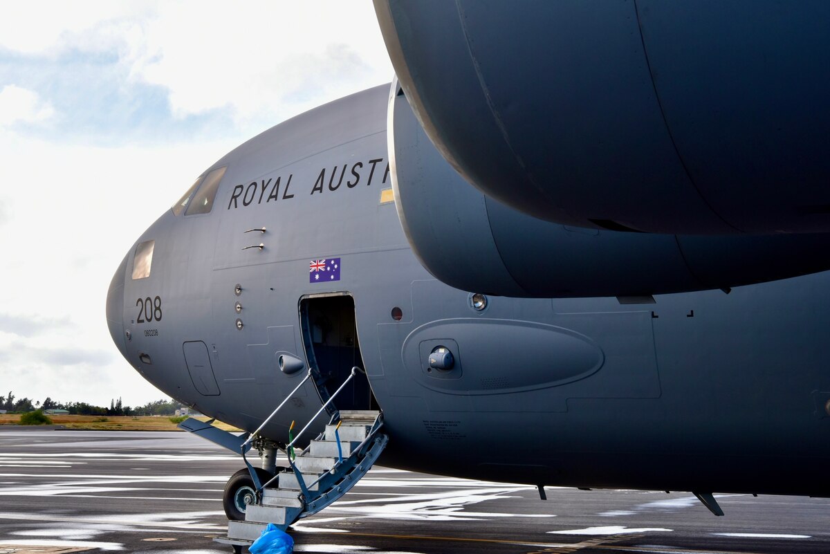 A Royal Australian Air Force C-17 Globemaster III sits on the flight line before the first training mission of Exercise Global Dexterity 2022 at Joint Base Pearl Harbor-Hickam, Hawaii, May 3, 2022. Exercise Global Dexterity 2022 brought a RAF C-17 and crew to the 15th Wing to fly alongside both active duty U.S. aircraft and Hawaii Air National Guard aircraft. (U.S. Air Force photo by 1st Lt. Benjamin Aronson)