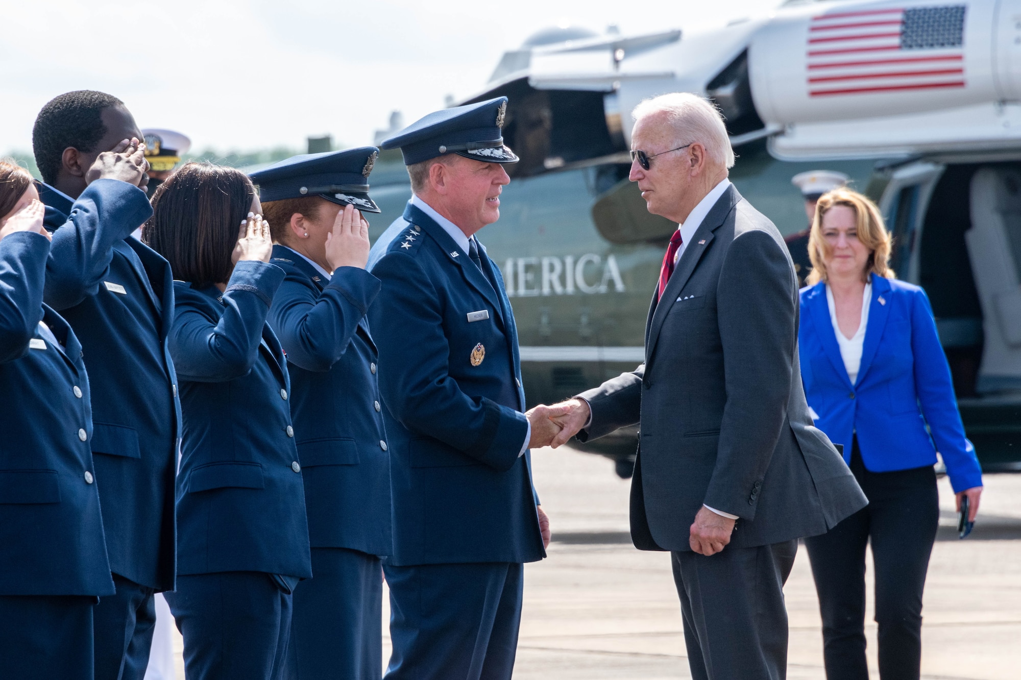 Maxwell AFB, Ala. -  President Joe Biden visited a Lockheed Martin Facility that manufactures anti-tank missiles in Troy, Alabama, on May 3, 2022, using Maxwell Air Force Base for arrival and departure. The Biden Administration is providing additional security assistance to support Ukraine which includes the Troy-built Javelin anti-tank missiles. Upon his return to Maxwell, Biden recognized Maxwell-Gunter Airman for exemplary service. (US Air Force photo by Melanie Rodgers Cox)