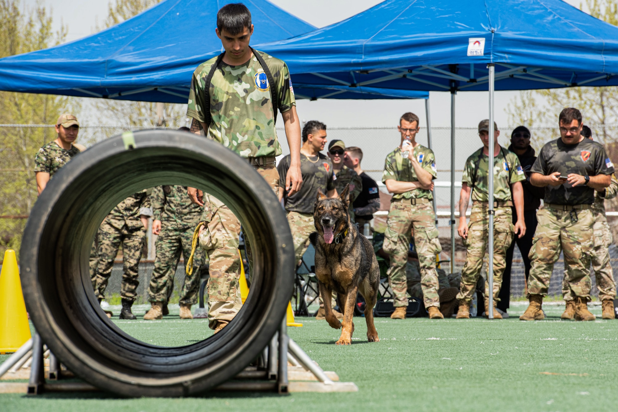 A military working dog handler stands with his dog