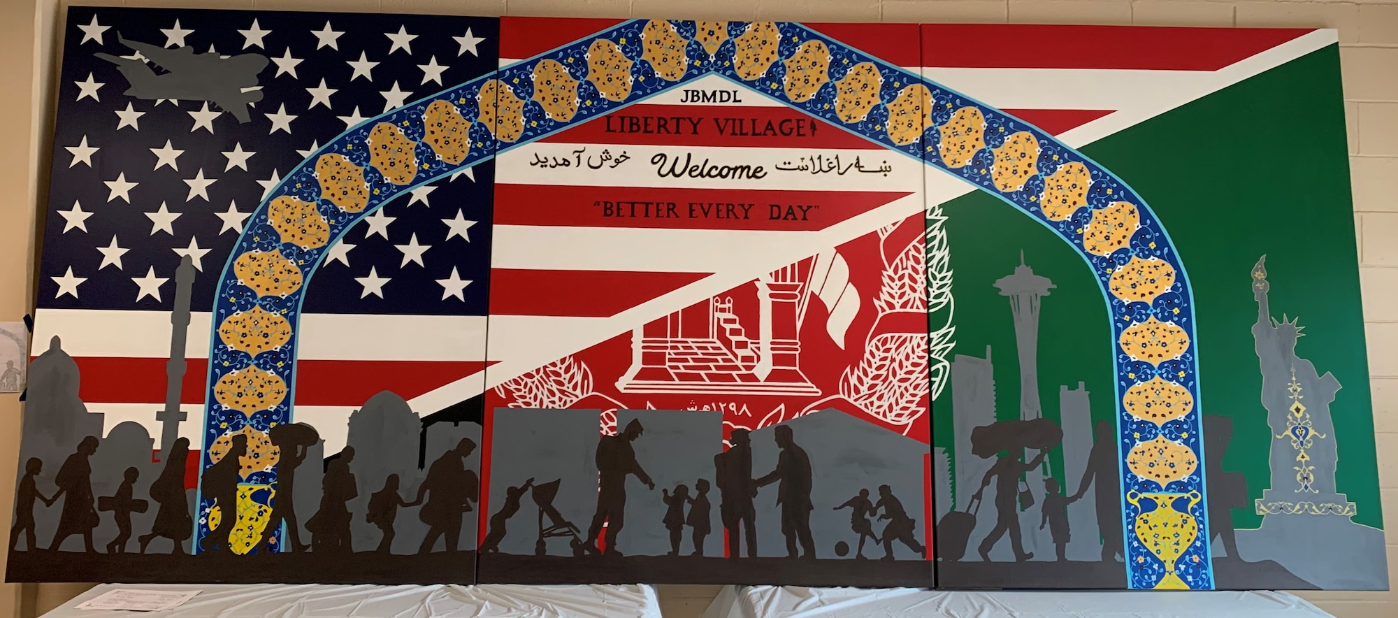 three-panel mural showing journey of refugees from Afghanistan to the United States.