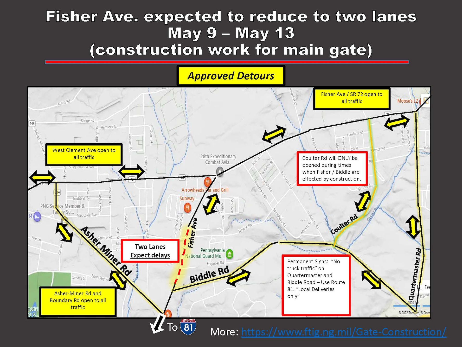 Detours for partial road closures at Fort Indiantown Gap May 9 to 13.