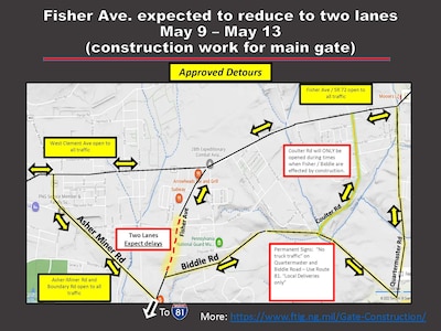 Detours for partial road closures at Fort Indiantown Gap May 9 to 13.