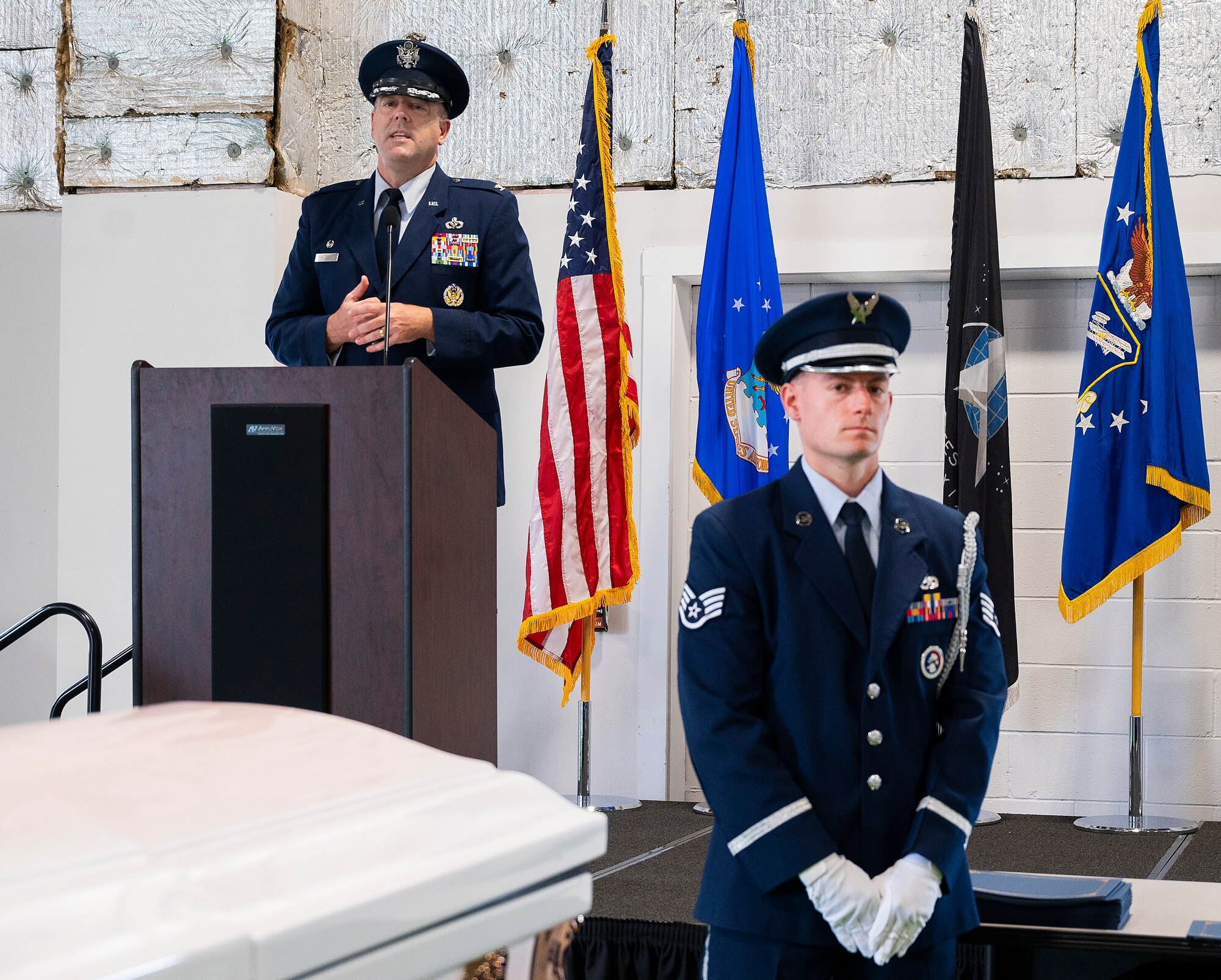 Col. Patrick Miller, 88th Air Base Wing and installation commander, speaks during the Wright-Patterson Air Force Base Honor Guard graduation ceremony, April 25, 2022. Thirty-nine Airmen from units across the base underwent more than 50 hours of training to become proficient in the customs and courtesies they will need during their six-month tour with the guard. (U.S. Air Force photo by R.J. Oriez)