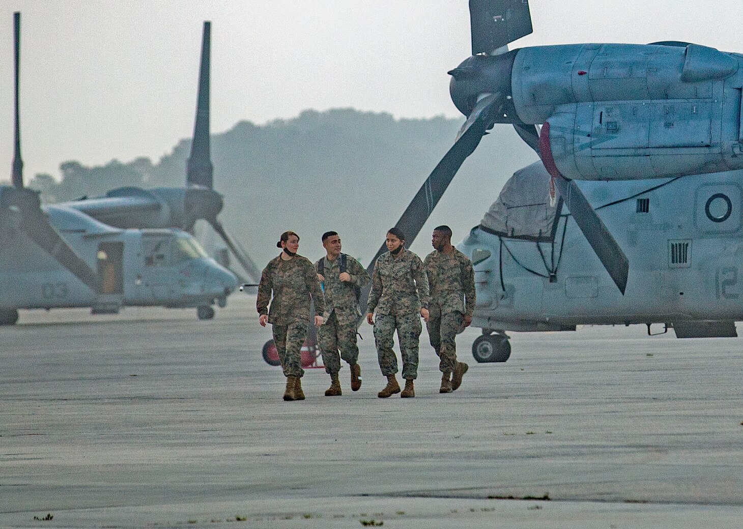 United States Marines with 2nd Marine Aircraft Wing, II Marine Expeditionary Force, prepare to board MV-22B Ospreys to deploy to Haiti in support of Joint Task Force-Haiti for a humanitarian-assistance and disaster-relief mission from Marine Corps Air Station New River, North Carolina, Aug. 23, 2021.