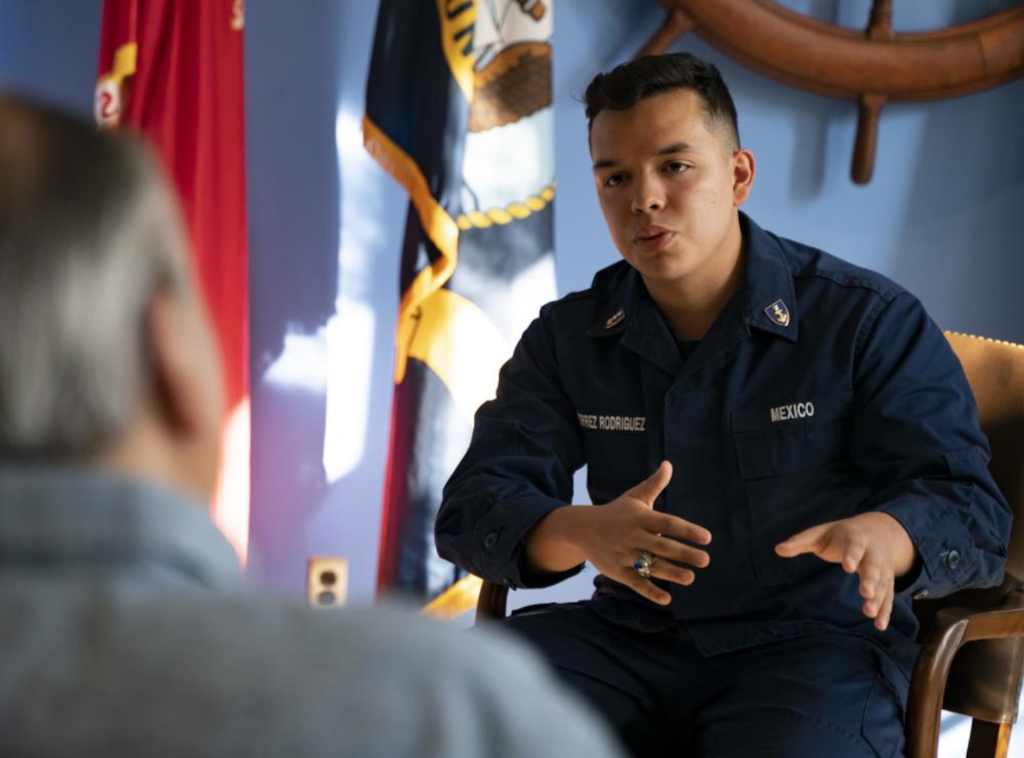 First Class Cadet Manuel Gutierrez Rodriguez, an international cadet at the United States Coast Guard Academy, participates in an interview on campus in New London, Conn., March 21, 2022. Rodriguez will be returning to his home nation of Mexico after commissioning with the Class of 2022, which has the highest number of international students in history. (U.S. Coast Guard photograph by Petty Officer 3rd Class Matthew Thieme)