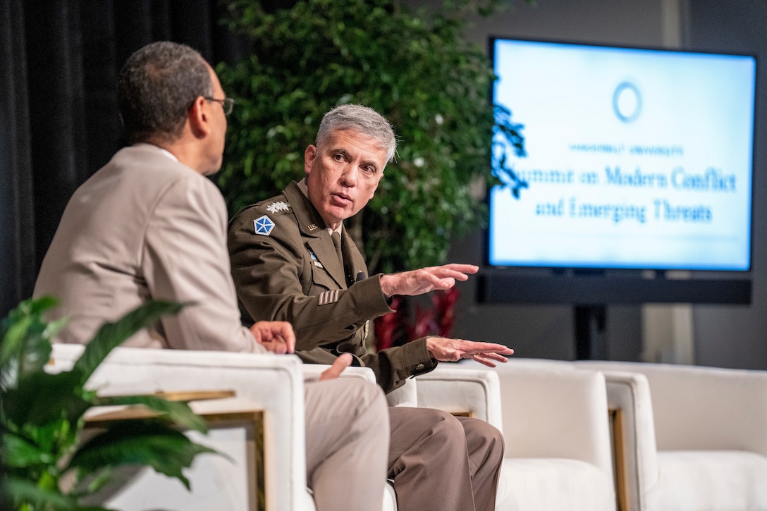 Girls in Tech Nashville meet with General Paul Nakasone and NSA director Rob Joyce during roundtable discussion at the Summit on Modern Conflict and Emerging Threats. Courtesy photo from Vanderbilt University.