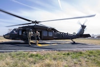 U.S. Army Maj. Gen. Jeff Van, the Joint Task Force Civil Support commanding general, disembarks a UH-60 Black Hawk helicopter during a tour and key leader engagement at the Federal Emergency Management Agency Region 8 headquarters in Denver as part of Exercise Vibrant Response 22, April 26, 2022.