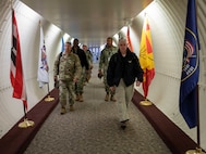 Joint Task Force Civil Support Commanding General, Maj. Gen. Jeff Van, left, and forward command element staff tour Federal Emergency Management Agency Region 8 headquarters during Exercise Vibrant Response 22, April 26, 2022.