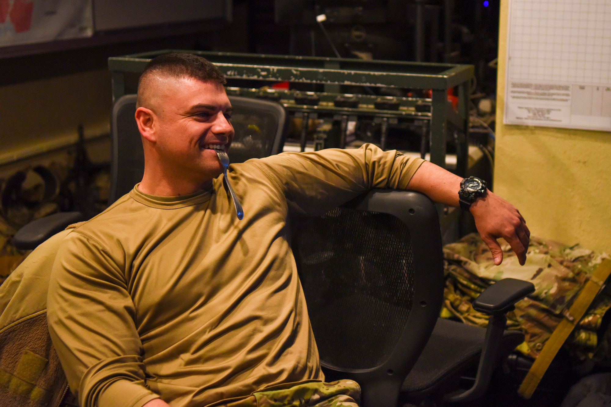 Staff Sgt. Delmark Malkey, 5th Security Forces Defender, relaxes in the Security Forces building on Minot Air Force Base, North Dakota, April 19, 2022.