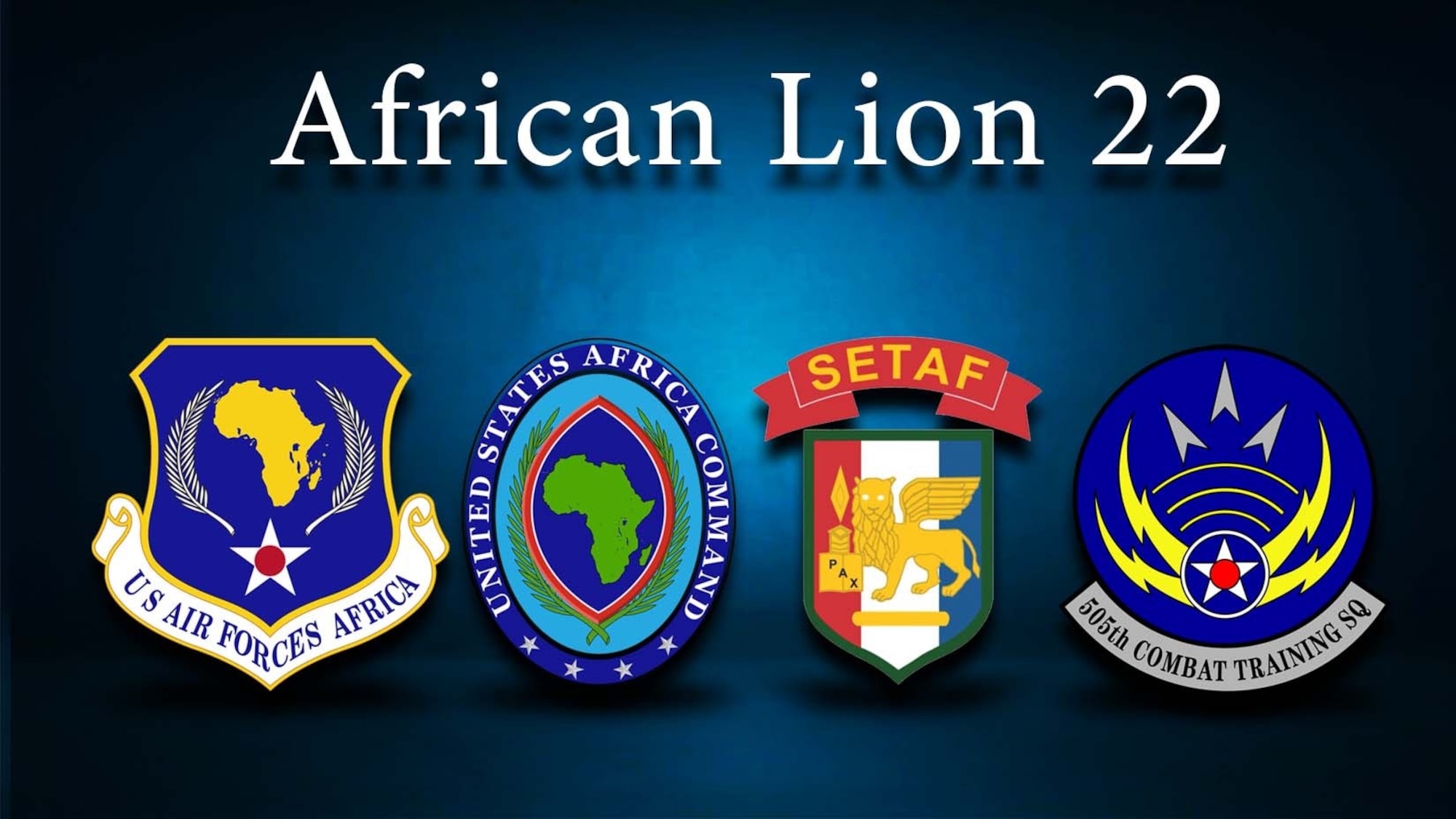 graphic for exercise African Lion with emblems from 505th Combat Training Squadron, USAFE, USAFRICOM, and SETAF on a blue background.