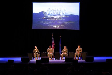 Maj. Gen. Jeannie Leavitt, Department of the Air Force Chief of Safety, (left) speaks about her experience as a woman in aviation at Cramton Auditorium, Washington D.C., April 30, 2022. After speaking about why they joined aviation-related career fields, the panel members answered questions from the audience about obstacles they had to overcome as women in aviation. (U.S. Air Force photo by Senior Airman Spencer Slocum)