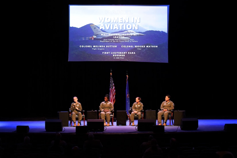 Maj. Gen. Jeannie Leavitt, Department of the Air Force Chief of Safety, (left) speaks about her experience as a woman in aviation at Cramton Auditorium, Washington D.C., April 30, 2022. After speaking about why they joined aviation-related career fields, the panel members answered questions from the audience about obstacles they had to overcome as women in aviation. (U.S. Air Force photo by Senior Airman Spencer Slocum)