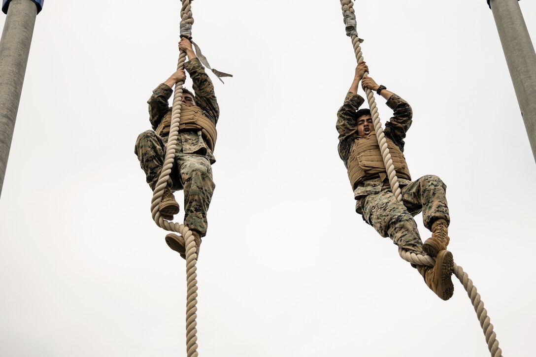 Two Marines climb ropes next to each other.