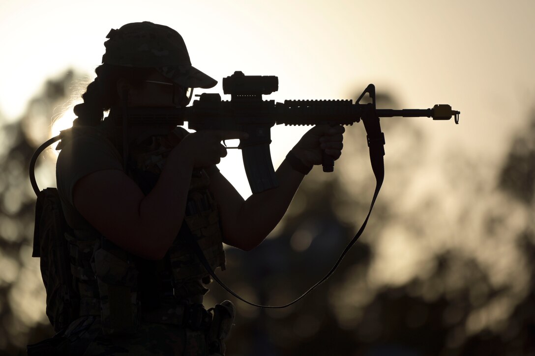 An airman aims a weapon as shown in silhouette.