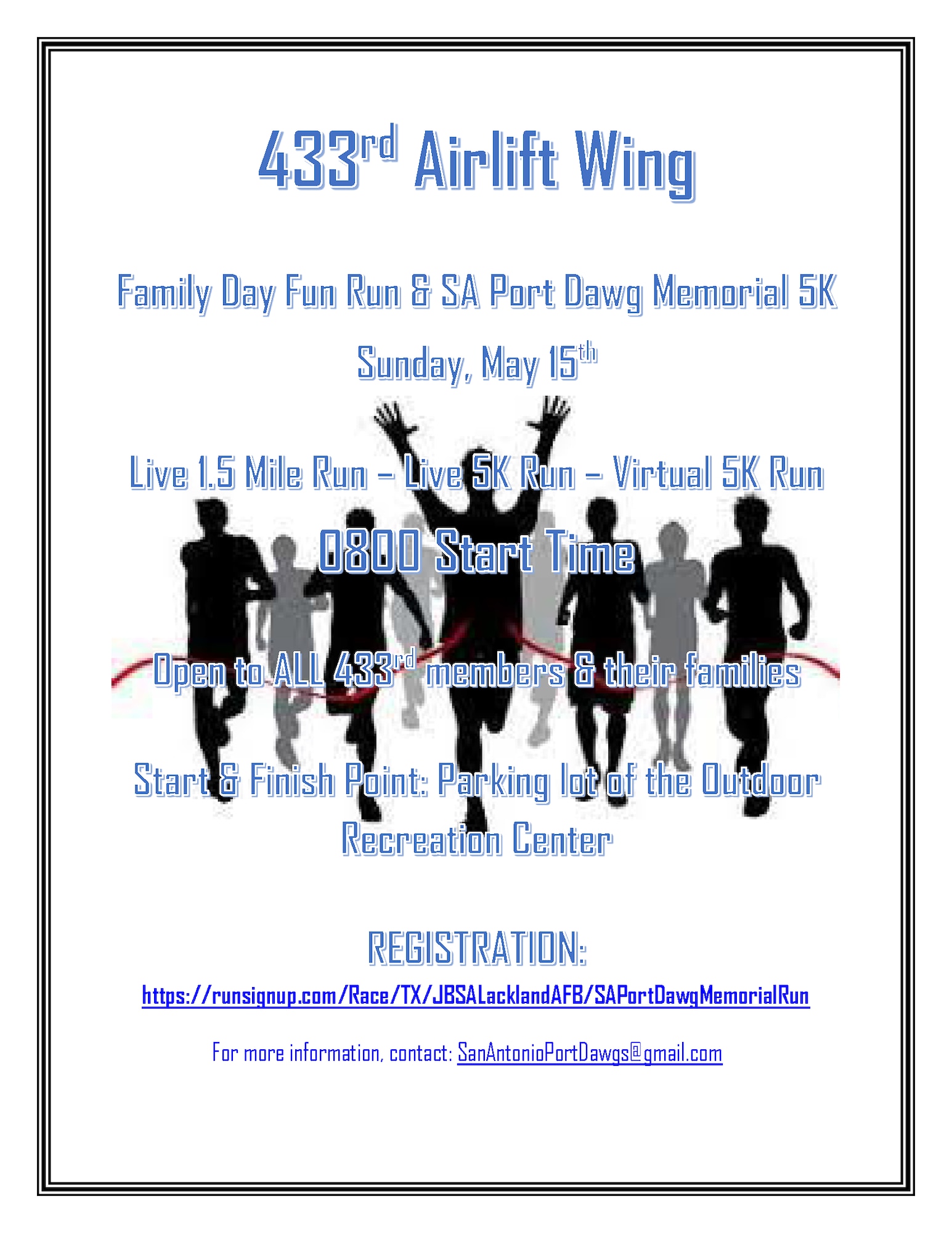 433rd Airlift Wing Family Day fun run event flyer scheduled at Joint Base San Antonio-Lackland, Texas, May 15, 2022. (U.S. Air Force courtesy image)