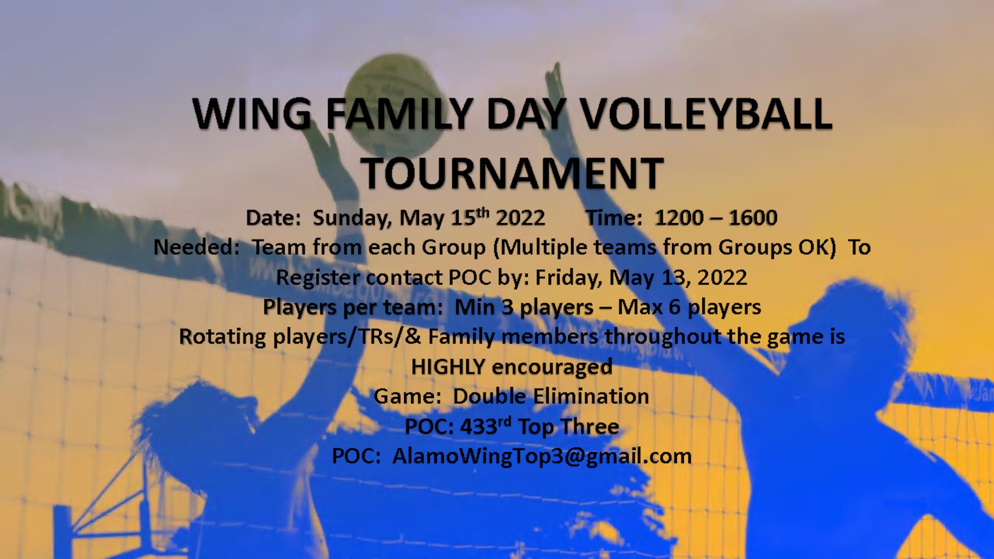 433rd Airlift Wing Family Day volleyball tournament event flyer scheduled at Joint Base San Antonio-Lackland, Texas, May 15, 2022. (U.S. Air Force courtesy image)