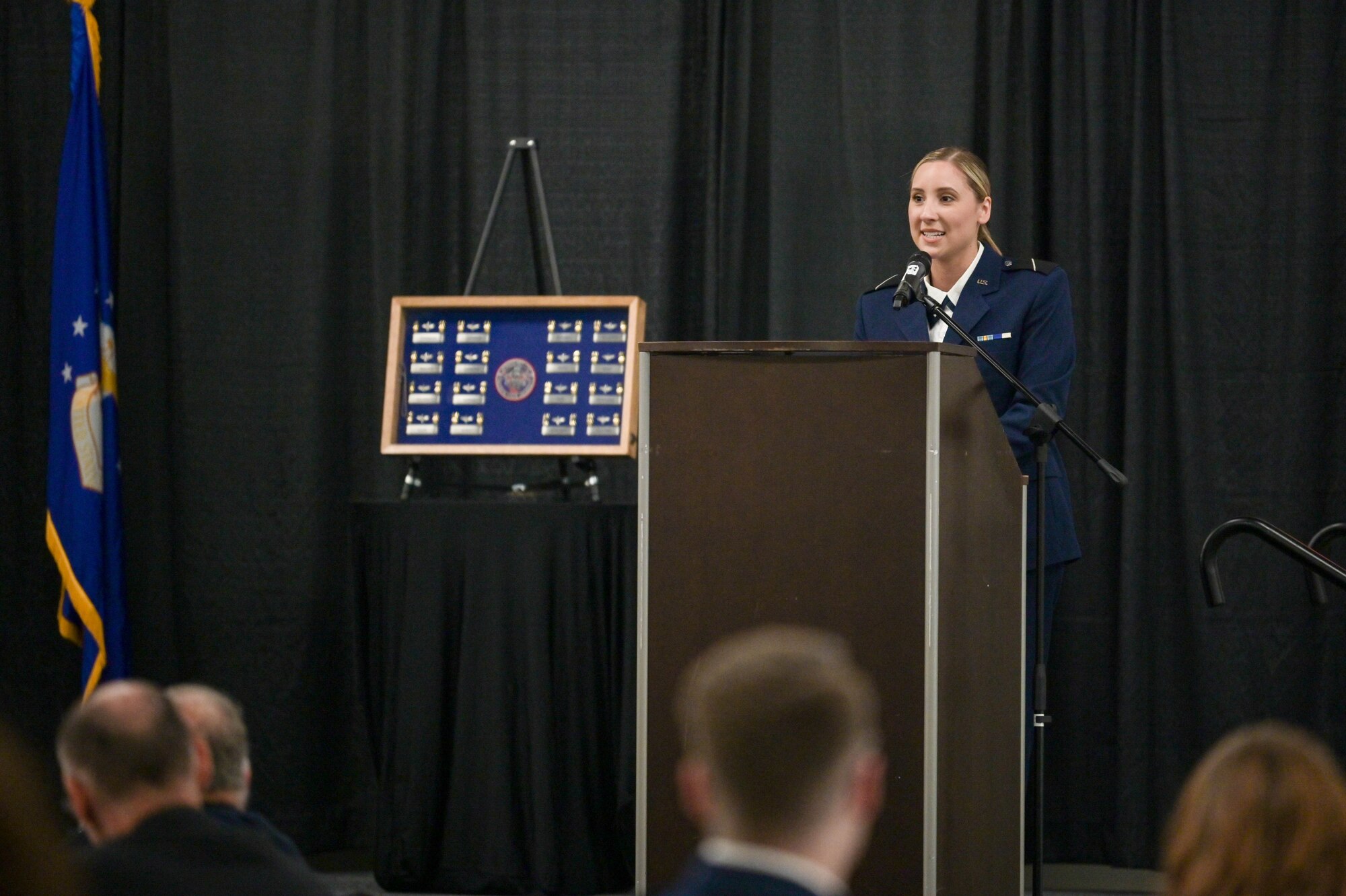 U.S. Air Force ROTC Detachment 172 Cadet 4th Class Kayley Stevens speaks during the Valdosta State University cadet awards ceremony at Valdosta, Georgia, April 27, 2022. During the awards ceremony, 19 awards were presented to graduating cadets. (U.S. Air Force photo by Senior Airman Rebeckah Medeiros)