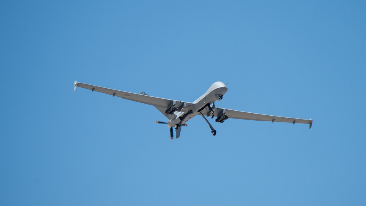 An MQ-9 Reaper from the 163rd Attack Wing, takes off from Edwards Air Force Base, California, May 4. The aircraft conducted an Agile Combat Employment (ACE) to a Forward Operating Site (FOS), flying from March Air Reserve Base to Edwards Air Force Base. (Air Force photo by Madeline Guadarrama)