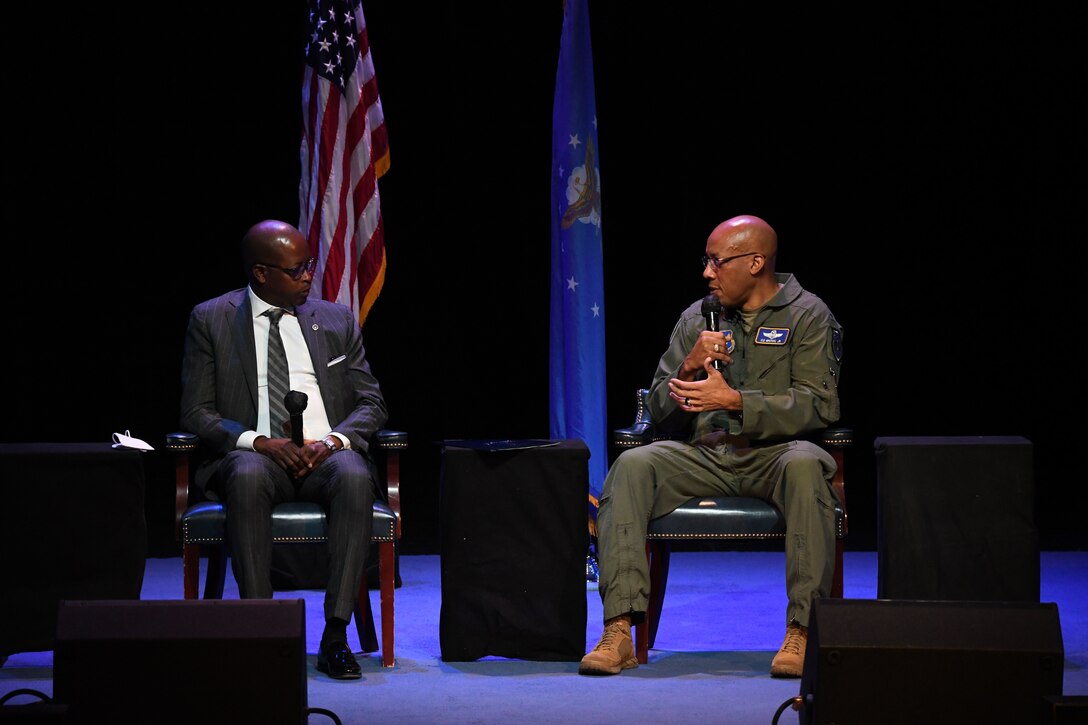 Air Force Chief of Staff Gen. CQ Brown, Jr., (right) speaks with Dr. Wayne A. I. Frederick, president of Howard University, at Cramton Auditorium, Washington D.C., April 30, 2022. During the interview, Brown spoke about diversity in the Air Force and aviation, and how the Air Force is making progress towards becoming a more diverse force. (U.S. Air Force photo by Senior Airman Spencer Slocum)