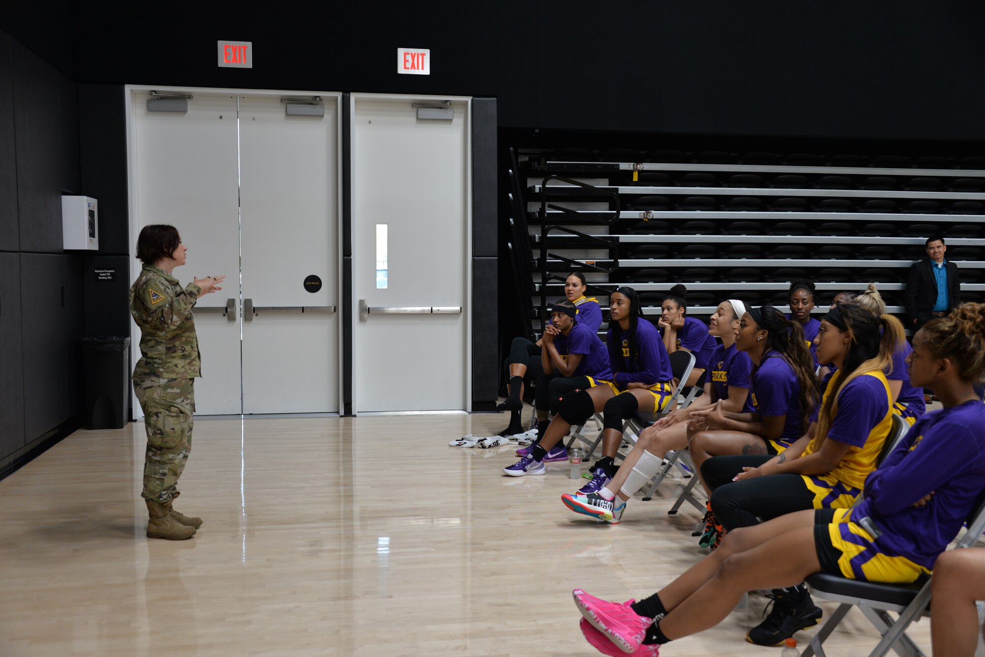 Col. Jennifer M. Krolikowski speaks to members of the L.A. Sparks about professional and personal challenges at one of the team’s training facilities near Los Angeles Air Force Base.