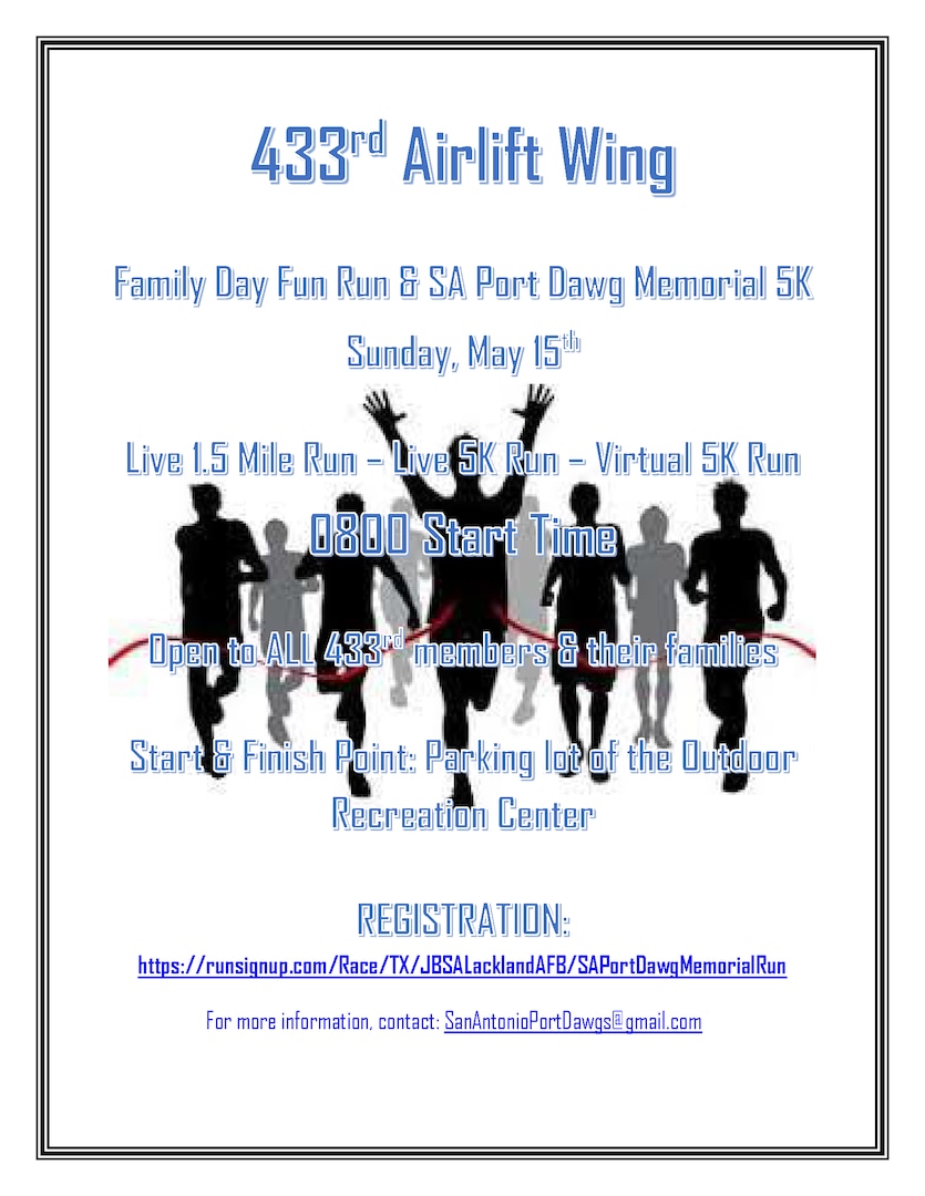 433rd Airlift Wing Family Day fun run event flyer scheduled at Joint Base San Antonio-Lackland, Texas, May 15, 2022. (U.S. Air Force courtesy image)