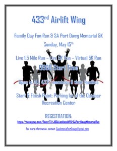 433rd Airlift Wing Family Day fun run event flyer scheduled at Joint Base San Antonio-Lackland, Texas, May 15, 2022. (U.S. Air Force courtesy image)