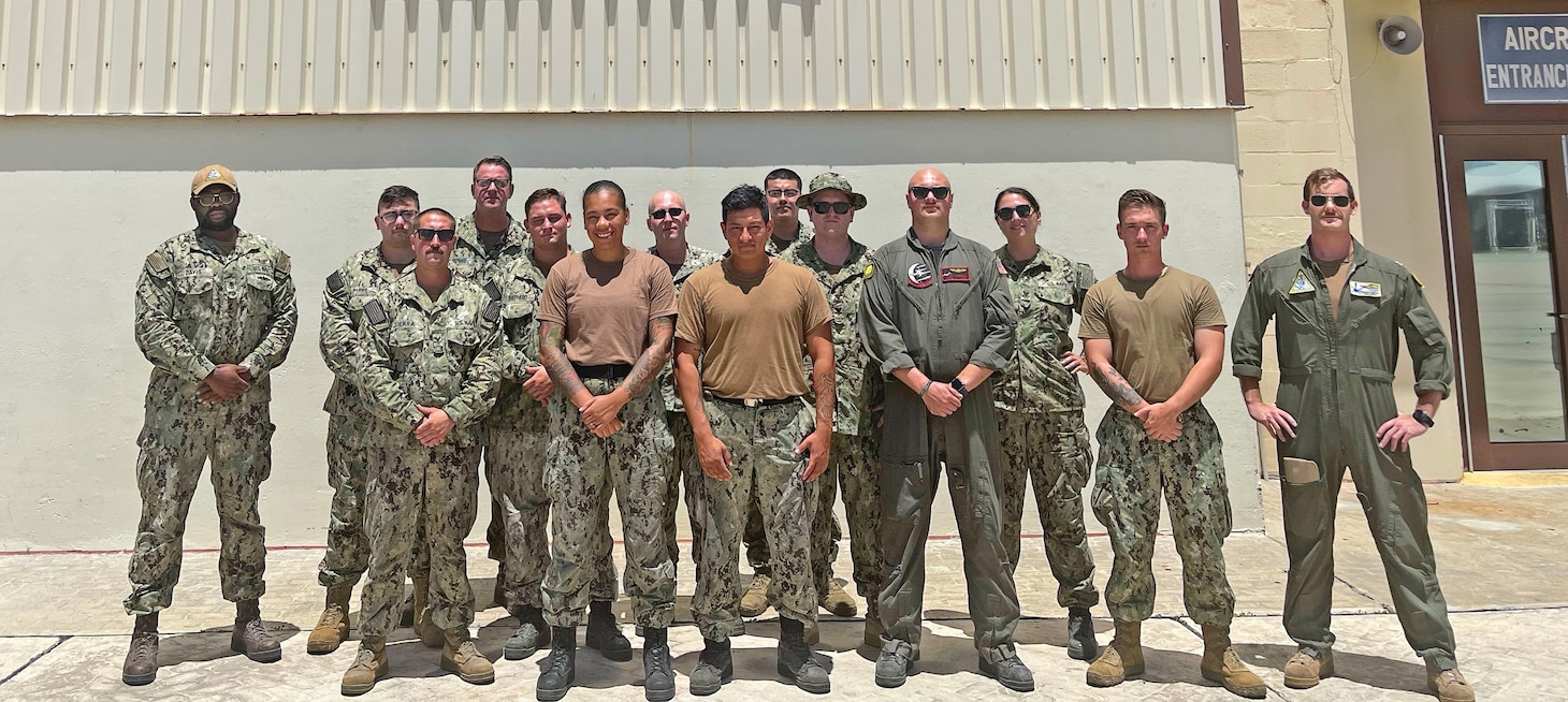 A detachment of 14 U.S. Navy officers and Sailors from Naval Aviation Training Support Group gathered at Joint Task Force Guantanamo Bay, Cuba, to augment VMM-266 for a humanitarian assistance and disaster relief mission.