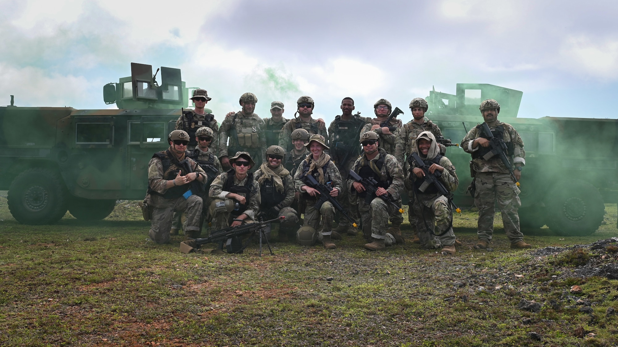 U.S. Air Force Airmen with the 736th Security Forces Squadron pose for a group photo after completing a combat training course at Andersen Air Force Base, Guam, May 3, 2022.