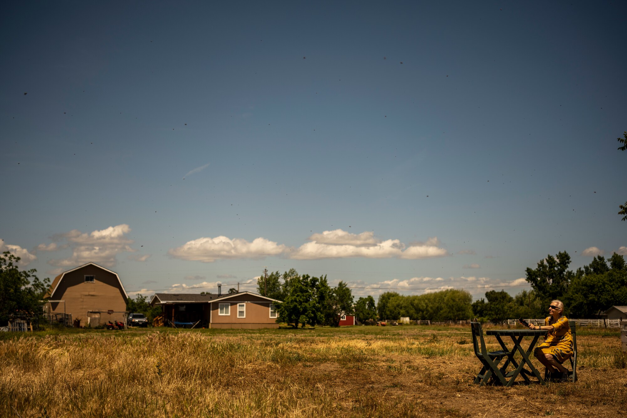 A woman sits at a table in a field.