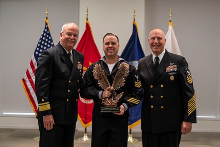 FALLS CHURCH, Va. (May 5, 2022) – Hospital Corpsman 1st Class David J. Lay, from Navy Medicine Readiness and Training Command Pearl Harbor, representing Naval Medical Forces Pacific (NMFP), is recognized as Navy Medicine's 2021 Sailor of the Year during a ceremony at Bureau of Medicine and Surgery headquarters, May 5, 2022. (U.S. Navy photo by Mass Communication Specialist 1st Class John Grandin/Released)