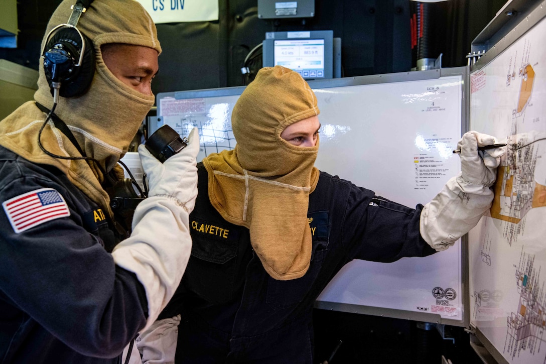 Two sailors wearing hoods work on a marker board.