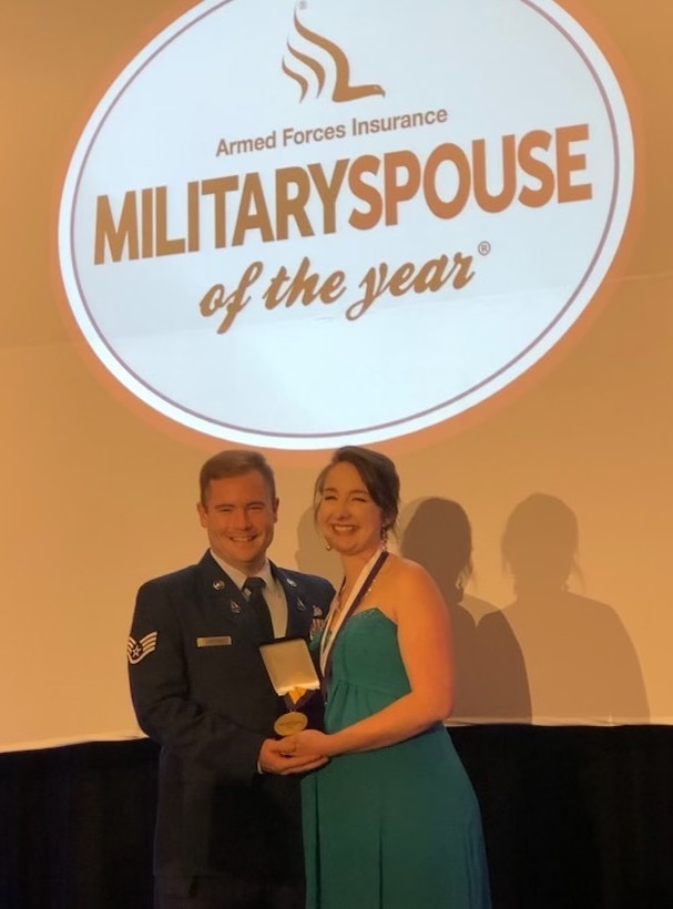 Mrs. Sarah Streyder, spouse of Space Force Staff Sgt. Jason Streyder, Information Technology Requirements Manager, assigned to the Office of Special Investigations headquarters, Quantico Marine Corps Base, Va., is the first Space Force spouse to be so honored at base level and Defense Department wide, earning the prestigious 2022 Armed Forces Insurance Military Spouse of the Year Award. (Photo by Maj. Jennifer Womble, OSI/PA)