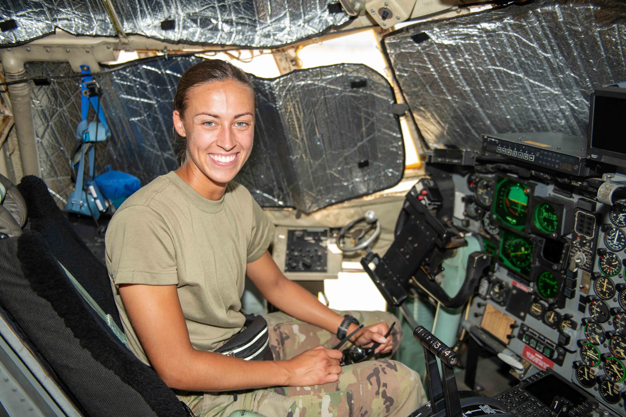 U.S. Air Force Reserve Staff Sgt. Sydnie Schwenk, an Airman from Youngstown, Ohio, currently deployed to Camp Lemonnier, Djibouti, with the 75th Expeditionary Airlift Squadron "Rogue Squadron", conducts an inspection on a C-130 Hercules assigned to the squadron, May 3, 2022.