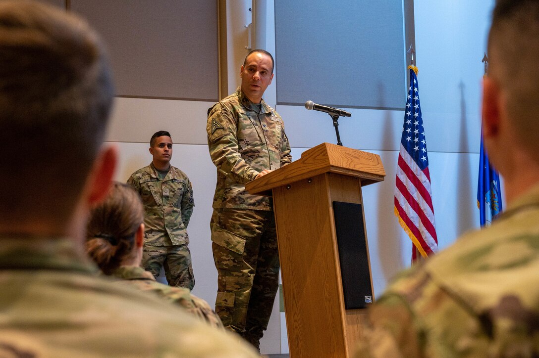 U.S. Space Force Col. Miguel Cruz, Space Delta 4 commander, gives a speech directed toward the crucial mission performed by DEL 4, Detachment 1 at Buckley Space Force Base, Colo., March 24, 2022.