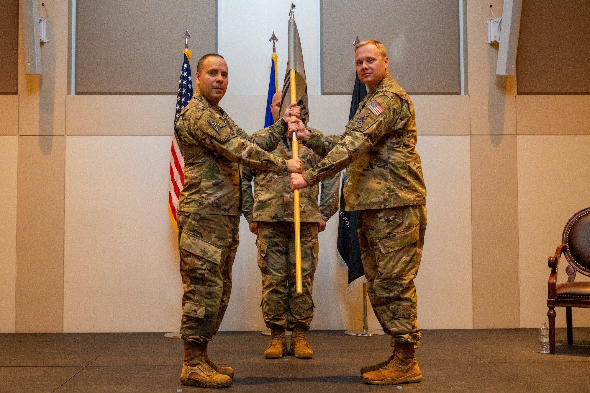 U.S. Space Force Col. Miguel Cruz, Space Delta 4 commander, joined alongside Maj. Luke Basham, 3rd Space Communication Squadron commander, deactivate Space Delta 4 Detachment 1 at Buckley Space Force Base, Colo., March 24, 2022.