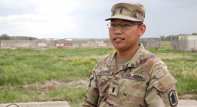 U.S. Army Reserve 1st Lt. Christian Lance Relleve from the 453rd Chemical Battalion in Bell, California, speaks about his heritage on May 3, 2022, in Muscatatuck, Indiana.