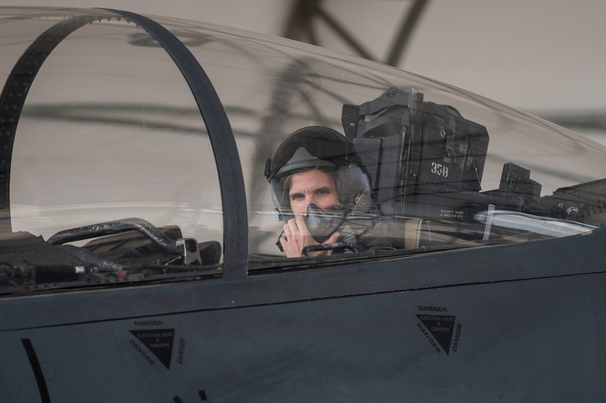Col. Leah Fry, 4th Maintenance Group commander, returns from her fini flight at Seymour Johnson Air Force Base, North Carolina, on May 4, 2022. Fry was commissioned in May 1996  through the Reserve Officer Training Corps at Purdue University. (U.S. Air Force photo by Senior Airman Kevin Holloway)