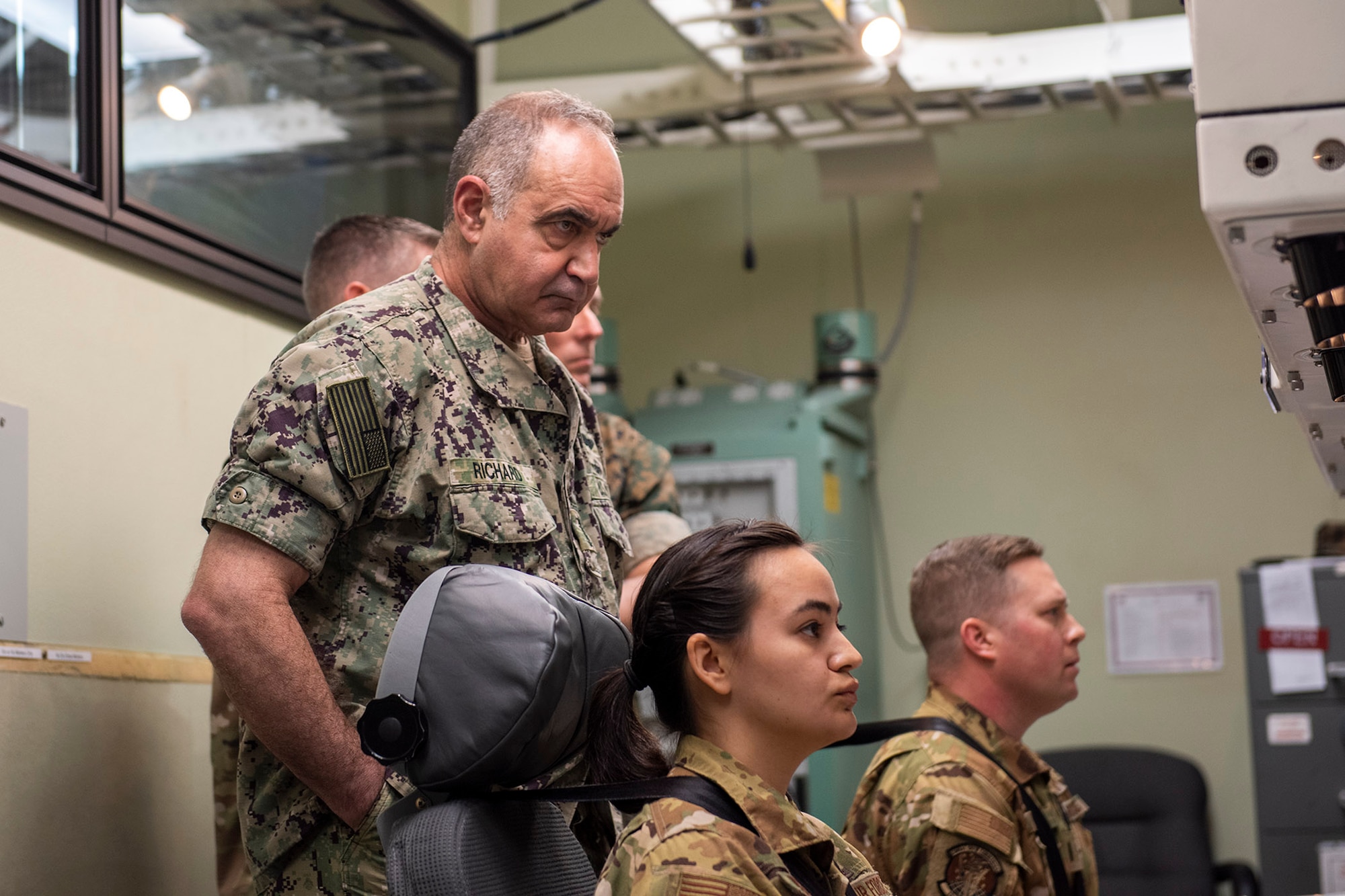 U.S. Navy Adm. Charles Richard, commander of U.S. Strategic Command, observes during a training scenario May 6, 2022, at Malmstrom Air Force Base, Mont. He also toured facilities and met with senior enlisted leaders. (U.S. Air Force photo by Airman 1st Class Elijah Van Zandt)