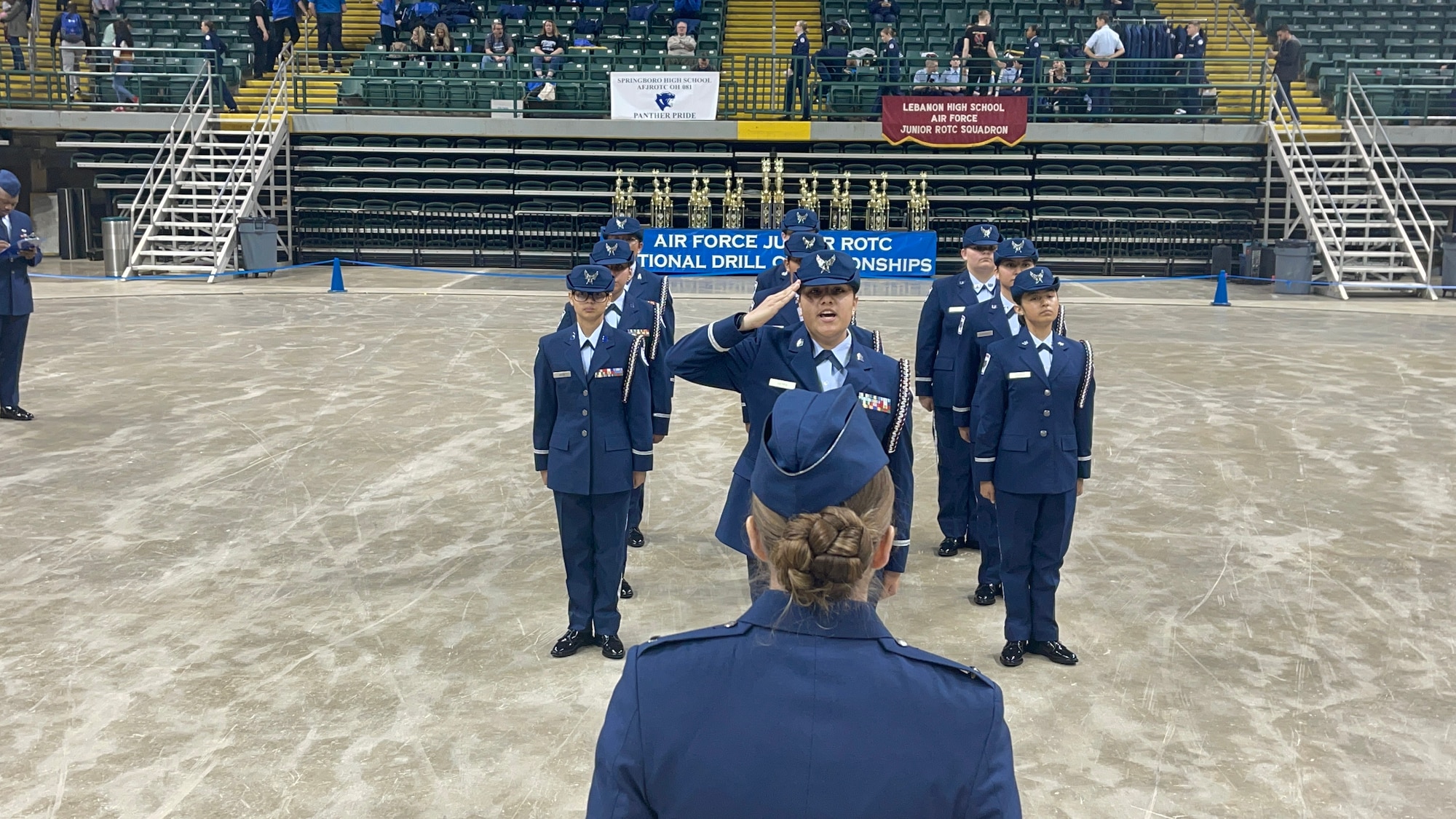 The Waller High School Air Force Junior ROTC’s Phantom Unarmed Drill Team commander, Cadet 1st Lt. Havannah Sierra, reports in for regulation drill.  Waller AFJROTC was one of several AFJROTC drill teams that competed in the Air Force JROTC Open Drill Nationals in Dayton, Ohio, March 19, 2022.