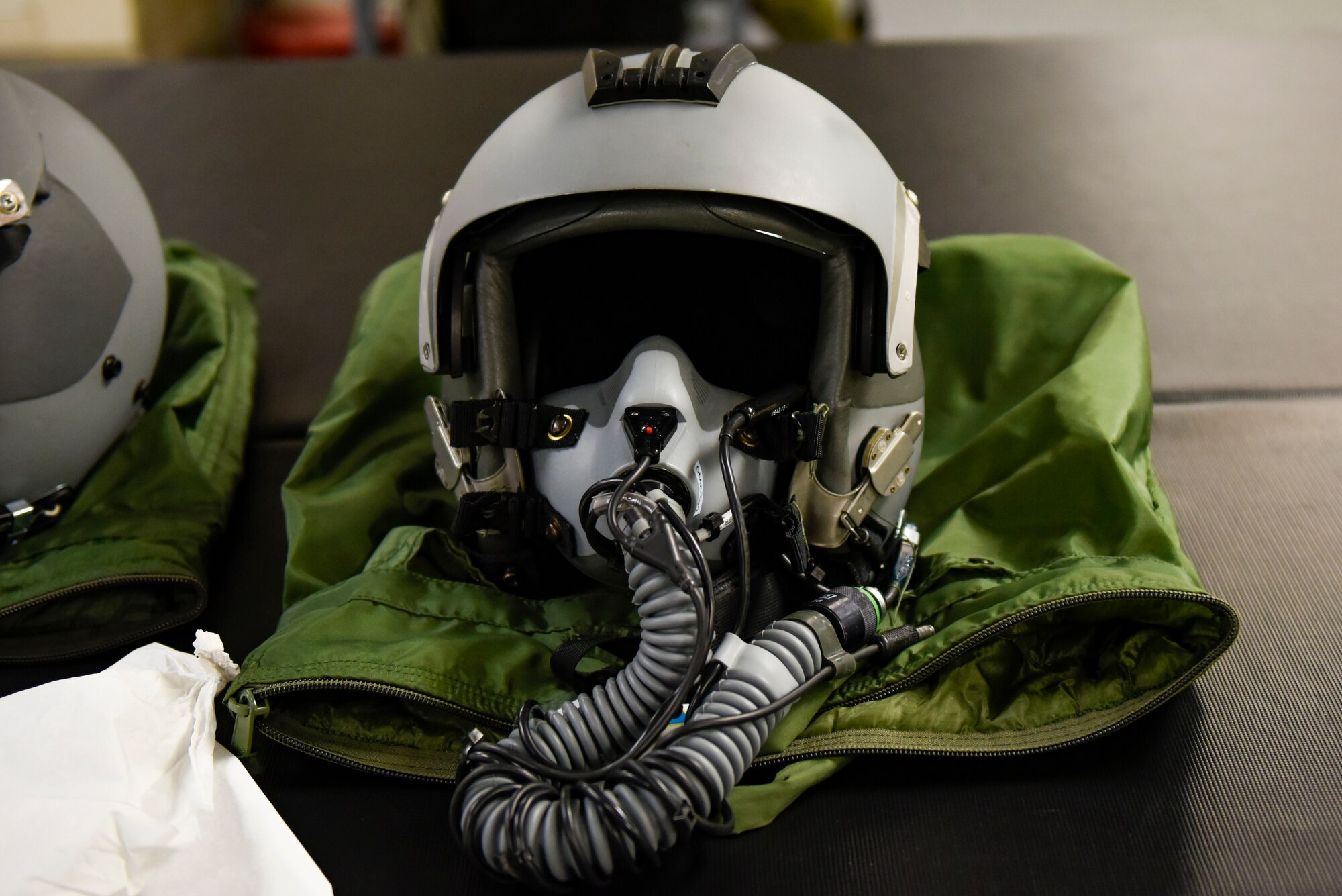 A U.S. Air Force pilot’s helmet is cleaned and repaired by 92nd Operations Support Squadron Aircrew Flight Equipment Airmen at Fairchild Air Force Base, Washington, May 3, 2022. AFE ensures mission readiness and safety by thoroughly examining and repairing essential gear. (U.S. Air Force photo by Airmen 1st Class Haiden Morris)
