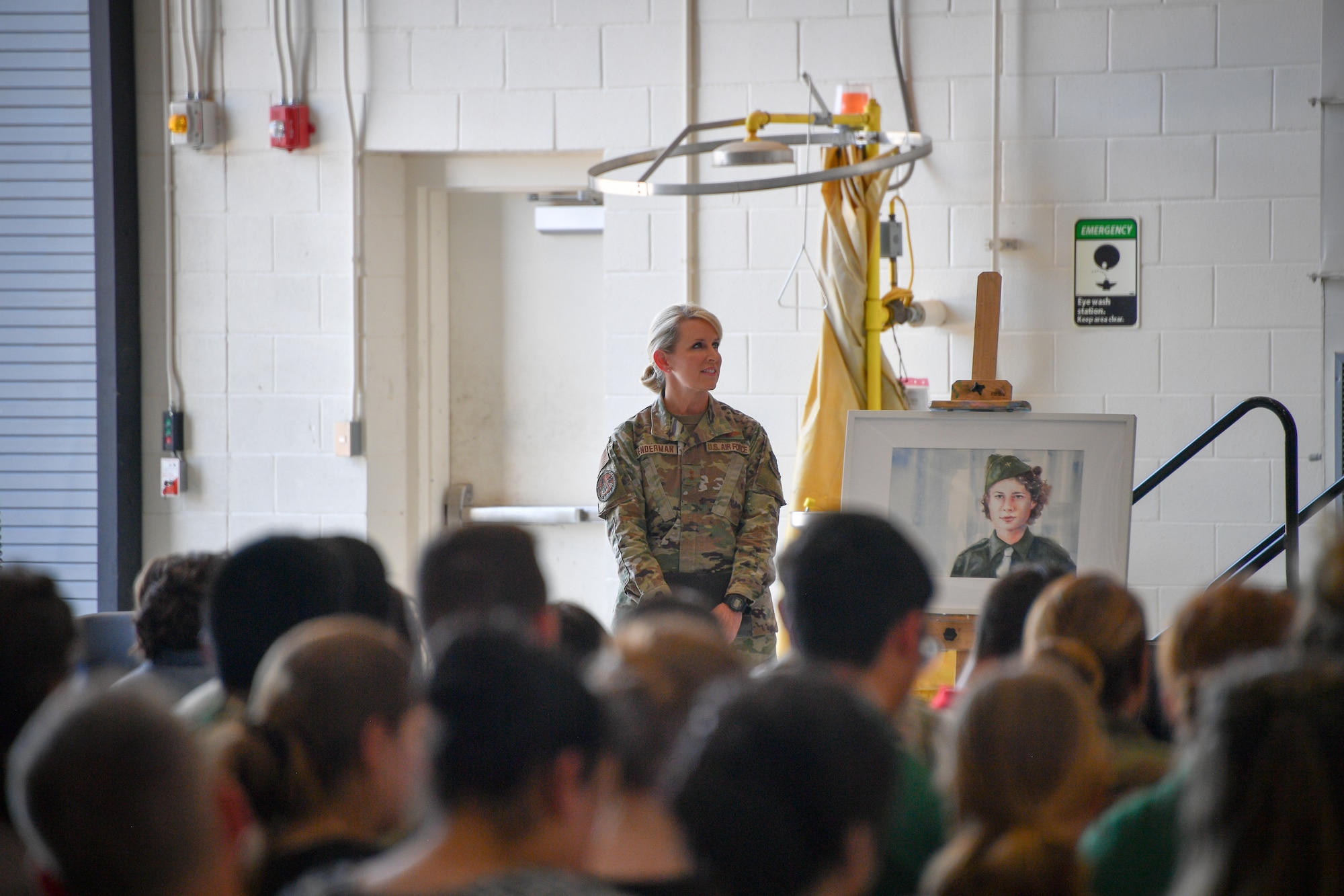 Major General Laura L. Lenderman stands in front of an audience at Dyess Air Force Base, Texas on April 29, 2022. The Women’s Summit celebrated the 80th anniversaries of the Women Airforce Service Pilots program or WASPs, 8th Air Force, and the 317th Airlift Wing.(U.S. Air Force photo by Staff Sgt. Nije Hightower)