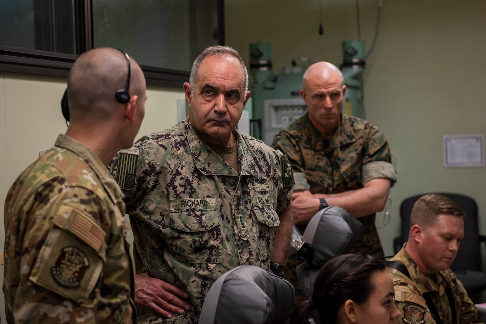 U.S. Navy Adm. Charles Richard, commander of U.S. Strategic Command, received a brief from 12th Missile squadron combat crew members during a tour of the missile procedural trainer May 6, 2022, at Malmstrom Air Force Base, Mont. During his visit, Richard awarded the 12th MS the Omaha Trophy, as the best intercontinental ballistic missile squadron for 2021. First awarded by Strategic Air Command Consultation Committee in 1971, the Omaha Trophy is presented to units across the command in four official categories: intercontinental ballistic missile squadron, ballistic missile submarine, strategic bomber squadron and global operations squadron. (US. Air Force Photo by Airman 1st Class Elijah Van Zandt)