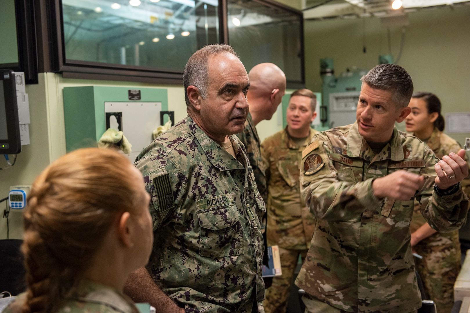 U.S. Navy Adm. Charles Richard, commander of U.S. Strategic Command, tours the missile procedural trainer during his trip to Malmstrom Air Force Base, Mont, May 6, 2022. Richard was given a demonstration of procedures of the Minuteman III intercontinental ballistic missile by 12th Missile Squadron combat crew members. He also presented the Omaha Trophy to the 12th MS, for being the number one missile squadron in 2021. (U.S. Air Force photo by Airman 1st Class Elijah Van Zandt)