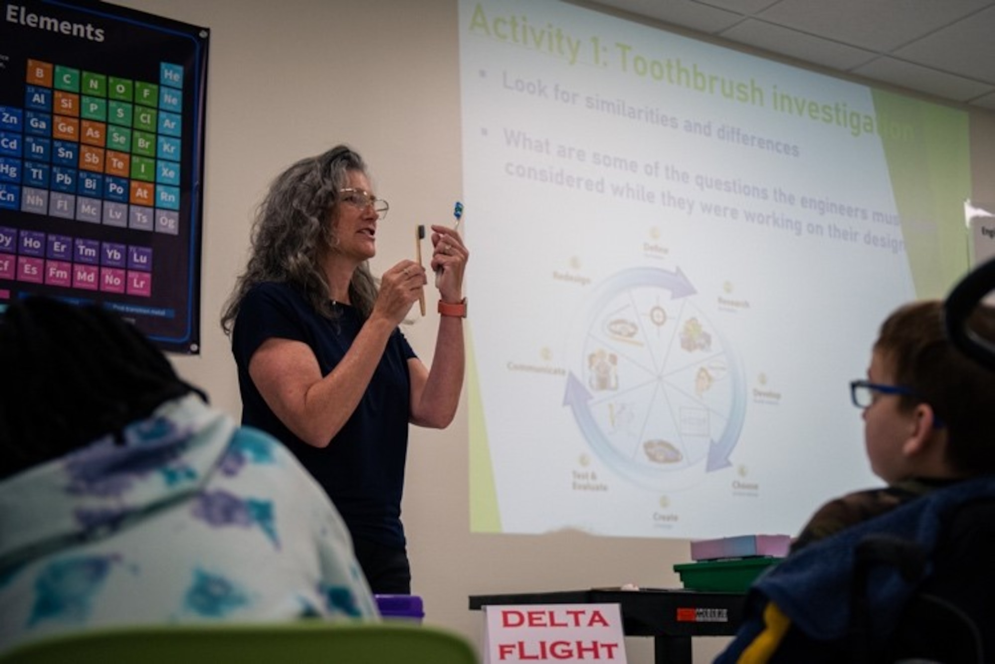 Hallie Adolf, deputy director for STARBASE on Joint Base McGuire-Dix-Lakehurst, lectures fifth grade students about engineering concepts on Joint Base MDL, N.J., May 5, 2022.