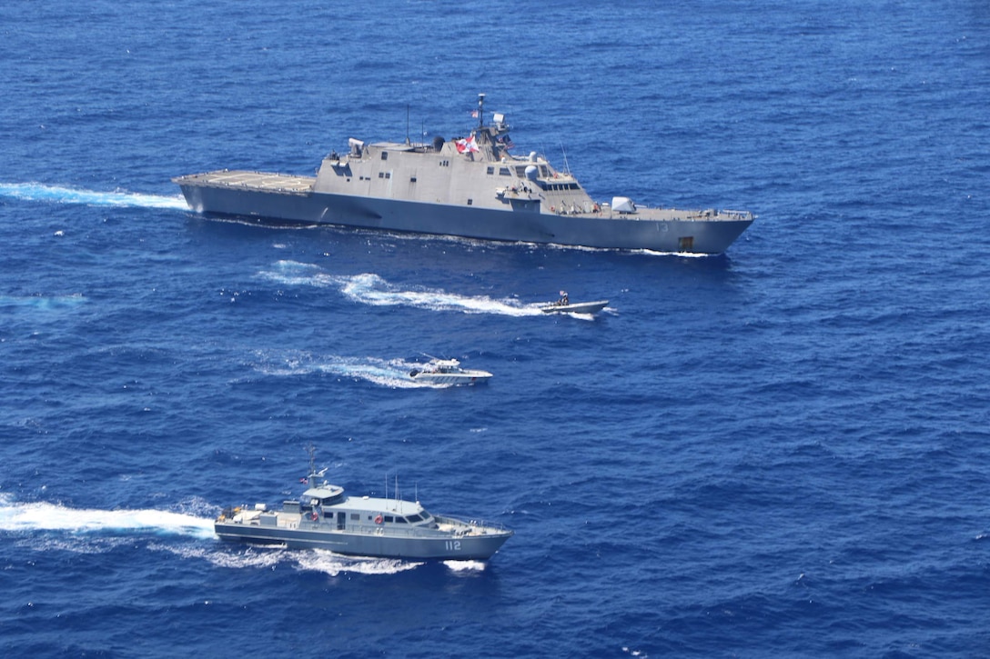 USS Wichita (LCS 13) trains with Dominican Republic ships in the Caribbean Sea.