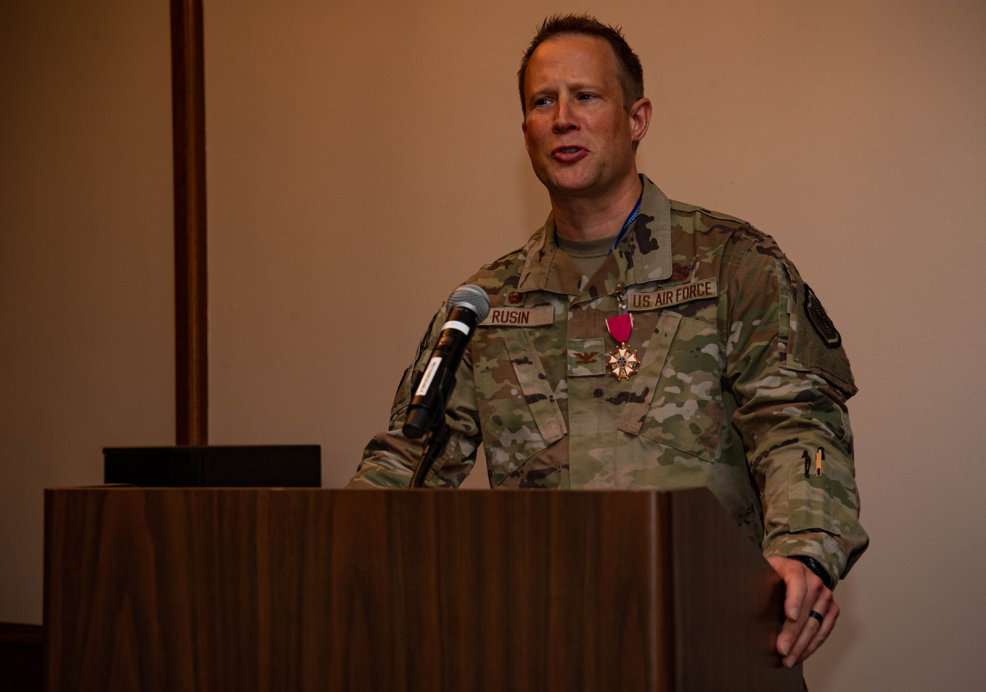 US Air Force Col Nathan Rusin, 693rd Intelligence, Surveillance and Reconnaissance Group commander, addresses his Airmen before relinquishing command during a ceremony at Ramstein Air Base, Germany, May 6, 2022. The 693rd ISRG and its 3 subordinate squadrons conduct a variety of multi-intelligence operations, providing information to three combatant commands, combat forces and national leadership. (US Air Force photo by Airman 1st Class Jared Lovett)