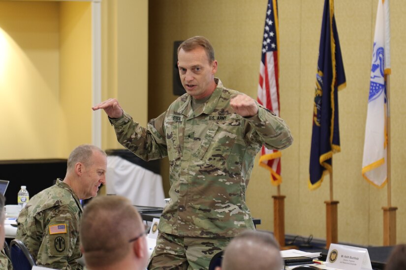 U.S. Army Brig. Gen. Craig Strong, deputy director of programs, analysis & evaluation for the National Guard Bureau, speaks during the U.S. Property and Fiscal Office national conference at the Gettysburg Wyndham hotel. USPFO leaders from all 54 states and territories were also joined by Lt. Gen. Marc Sasseville, Vice Chief of the National Guard Bureau, as well as Keith Buchholz with the NGB comptroller's office.
