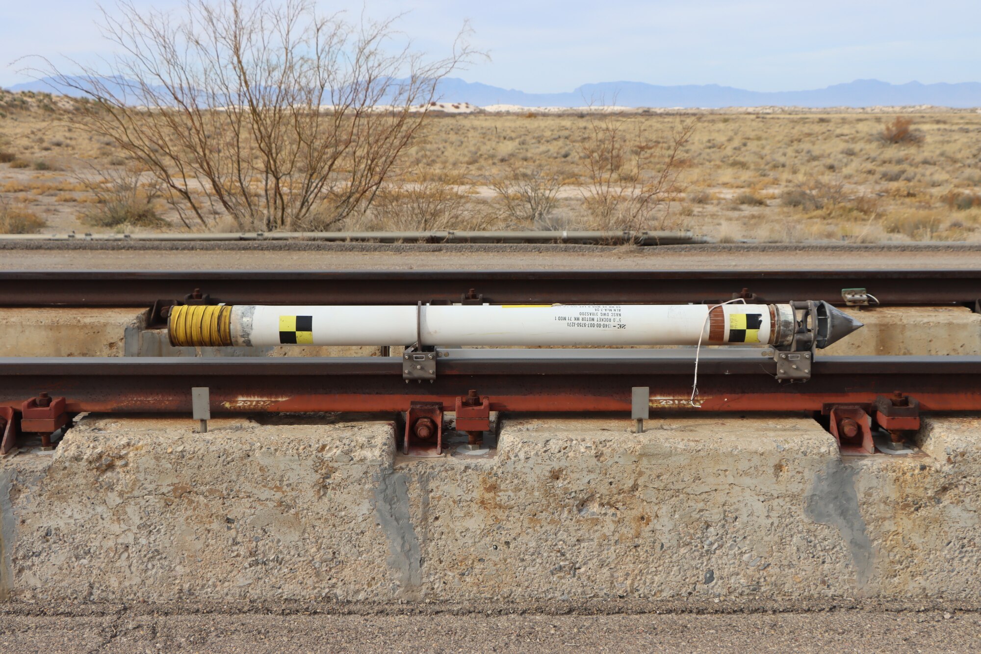 A newly designed birdchaser is readied for initial checkout testing Dec. 8, 2021, at the Arnold Engineering Development Complex High Speed Test Track at Holloman Air Force Base, New Mexico.