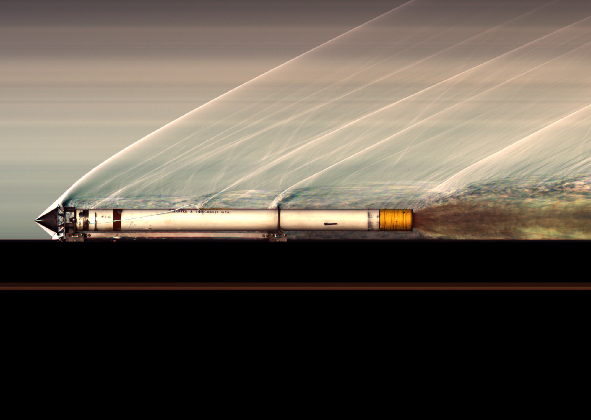 A newly designed birdchaser travels at high speeds during a checkout Dec. 8, 2021, at the Arnold Engineering Development Complex High Speed Test Track at Holloman Air Force Base, New Mexico.